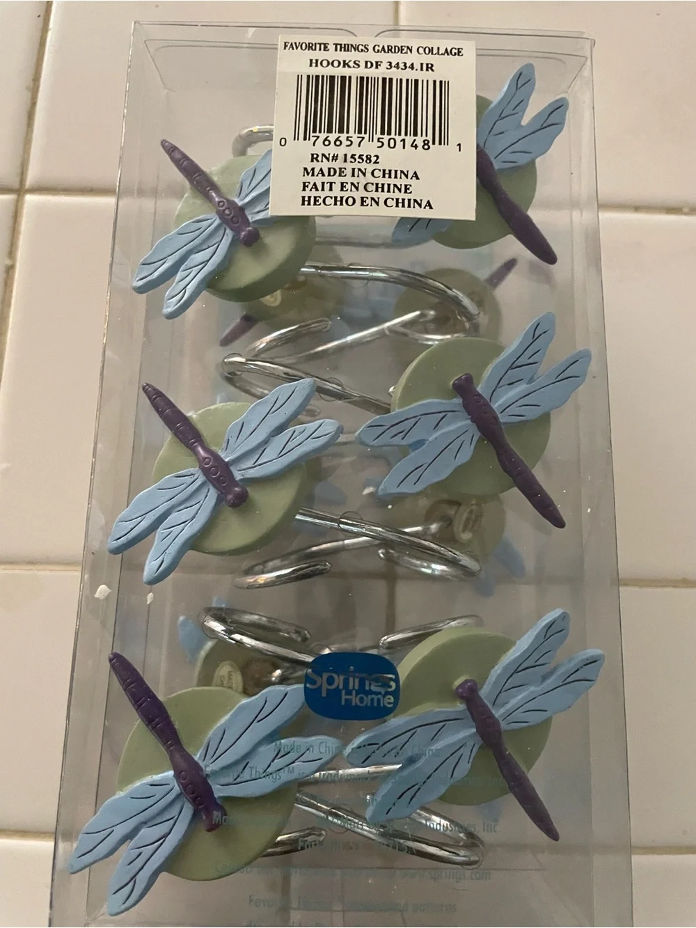 Favorite Things Decorative Dragonfly Shower Curtain Hooks - Blue & Green NIB